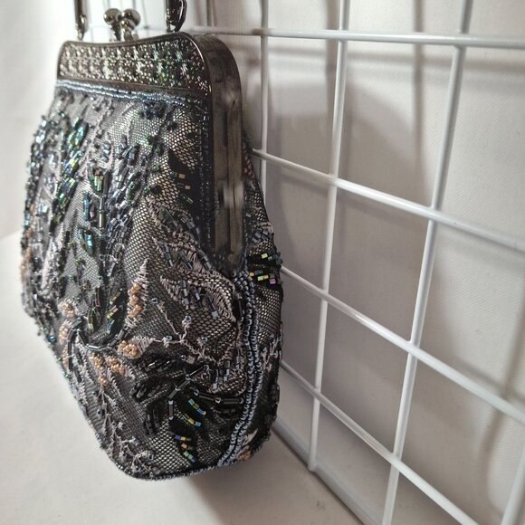 Vintage Small Tapestry Beaded Evening Purse Metal Top Handle, Crossbody Chain - Picture 9 of 16